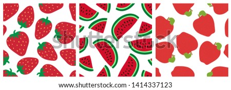 Strawberry, watermelon and apple. Red fruits and berries. Seamless pattern set. Fashion design. Food print for clothes, linens or curtain. Hand drawn vector sketch. Exotic background collection