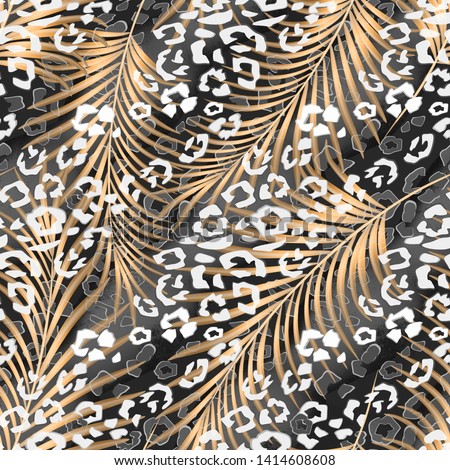 Fern twigs and white leopard pattern on a dark gray background.