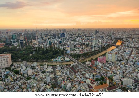 Landscape Ho Chi Minh city take by drone on the sunset - at Viet Nam