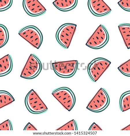 Watermelon seamless pattern in sketchy style on white background Doodle fruits and berries Hand drawn vector illustration.