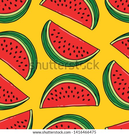 Vector Cartoon Fresh Sliced Watermelon Patterns In Yellow Background