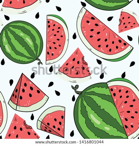 Seamless vector pattern with watermelon, parts and seeds on white background. Wallpaper, fabric and textile design. Good for printing. Cute wrapping paper pattern with fruits.