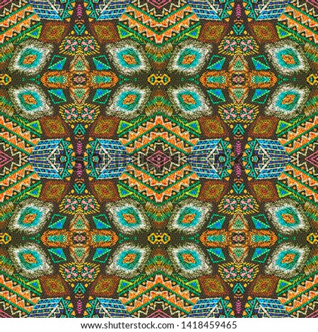 African repeat pattern. American seamless print. Vintage boho design. Geometric folk decoration. Tribal vintage motif. Simple graphic texture. Black, cyan, pink, green, gold african repeat pattern.