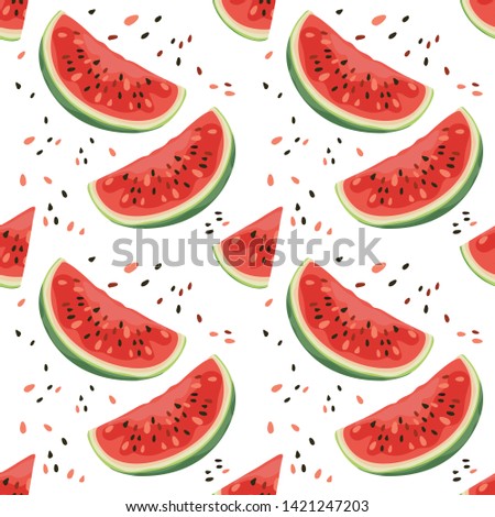 Seamless pattern with watermelons. Summer background, a slice of juicy and ripe watermelon. Banner, poster, modern textile design, print, wallpaper, wrapping paper. Vector illustration.