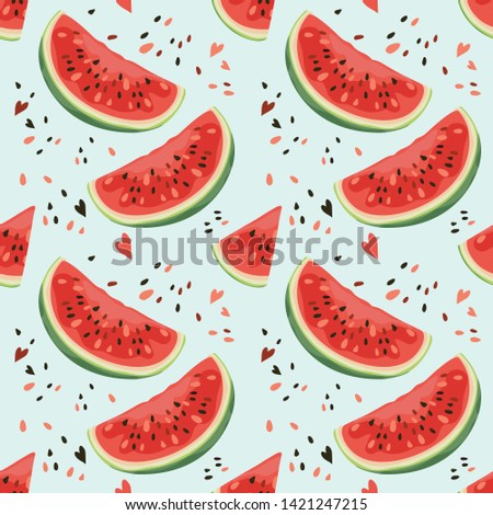 Seamless pattern with watermelons. Summer background, a slice of juicy and ripe watermelon. Banner, poster, modern textile design, print, wallpaper, wrapping paper. Vector illustration.