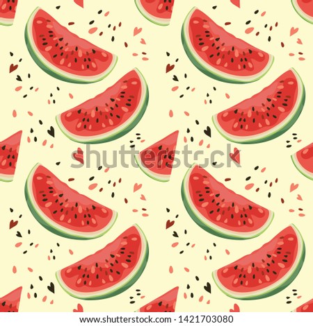 Seamless summer pattern with watermelons. Juicy and ripe watermelon with seeds. Banner, poster, print, wallpaper, wrapping paper. Vector illustration.