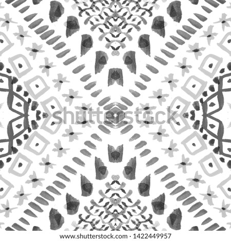 Ikat seamless pattern. Seamless hand drawn boho pattern. Ink textured japanese background. Modern batik wallpaper tile. Black and white background. Boho, ethnic style.Watercolor Tie dye shibori print