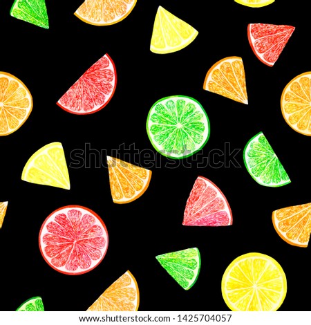 Watercolor citrus pattern with grapefruit, lime, orange, lemon slice. Citrus seamless pattern, botanical natural illustration on black background. Hand drawn watercolor painting. Organic pattern.