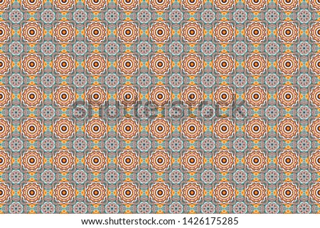 Seamless pattern with rhombus and tiles. Vintage decorative repainting art with ethnic motifs in blue, white and orange colors. Abstract geometric squares with round symmetry.