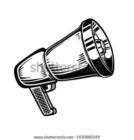 Megaphone illustration in engraving style isolated on white background. Design element for poster, card, banner, flyer. 
