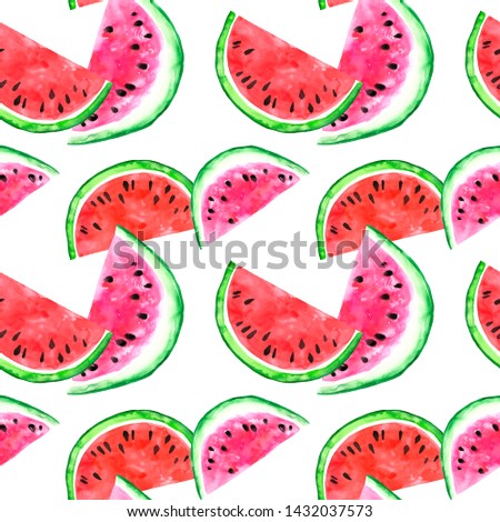 Watercolour Juicy watermelon seamless pattern. Hand painted slice of fresh ripe fruit, isolated on white background. Tropical decorative print for textile, wrapping, packaging. Summer illustration.