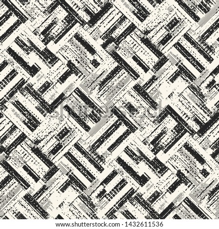 Monochrome Irregularly Checked Splatter-Textured Distressed Background. Seamless Pattern.
