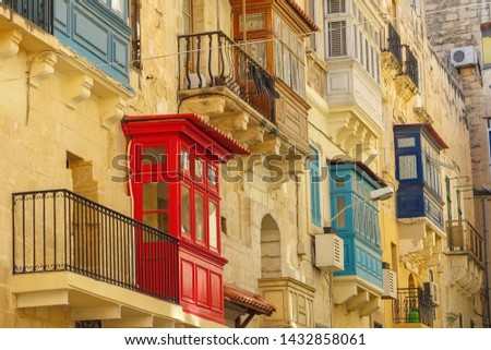 Colorful balconies in historical part of Valletta, Malta