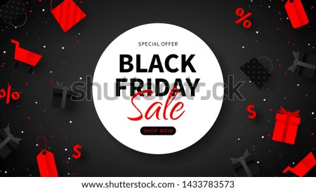 Black Friday sale promo banner. Web banner for seasonal discount offer. Realistic 3d paper packages, tags, gift boxes and shop baskets on black background. Vector illustration.