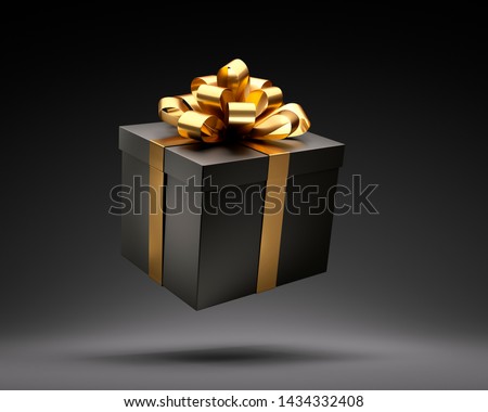 Black closed gift box with golden ribbon isolated on black background - 3D illustration