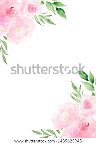 Frame with watercolor flowers and leaves on white background, for wedding design and invitations