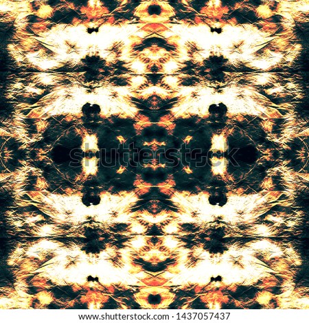 Boho repeat. Geometric seamless embroidery. Retro damask endless design. Vintage ikat background. Grunge texture. Black, gold, orange boho repeat.