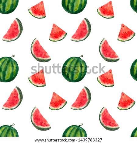 Watercolor seamless pattern juicy watermelon, watermelon slices. Summer mood. Natural illustration on white background