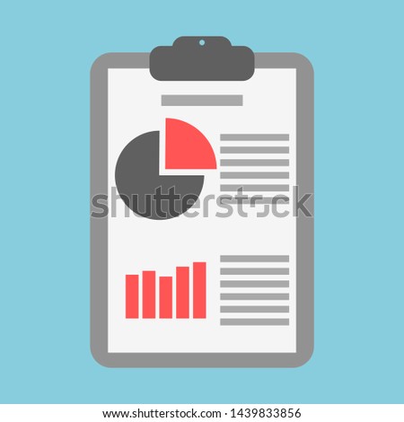 round and bar chart in business operational reporting document paper attached to clipboard on blue background. vector illustration 