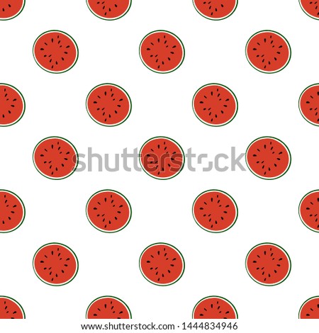 Seamless hand drawn food pattern. Red watermelon slices with black seeds and green peel. Fresh summer illustration. Perfect for fabric or wallpaper.