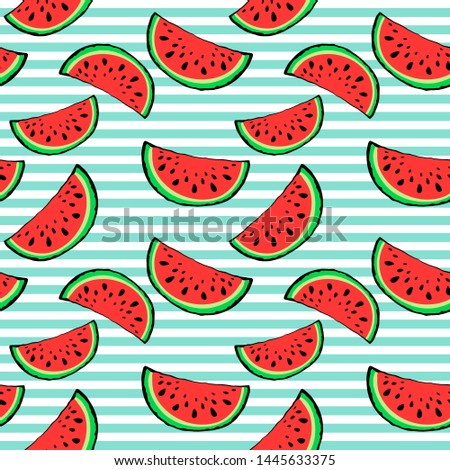 Seamless pattern red juicy slice of tasty watermelon with seed on green  striped background. Greeting card, print for textile, wrapping paper, market