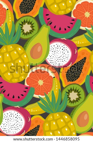 Vector seamless pattern with different tropical exotic fruits and brries in flat simple style. Colorful fresh summer endless background for print, textile, wrapping paper