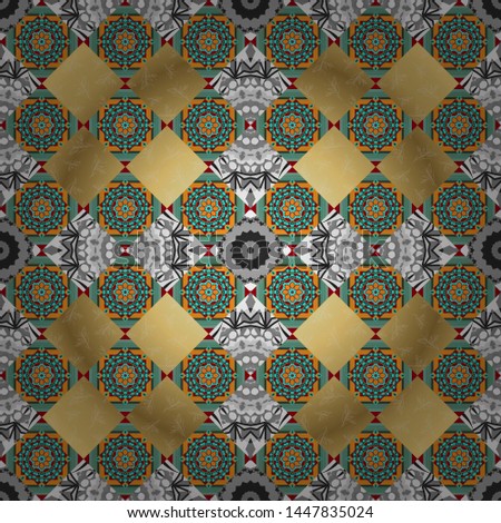 Seamless background Eastern style yellow, gray and blue. Mandala ornament. Vector illustration. Elements of flowers and leaves. Arabic Pattern. Use for wallpaper, print packaging paper, textiles.