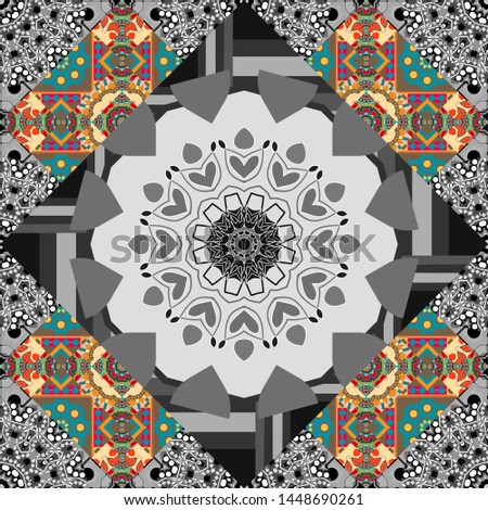 Ethnic style. Mandalas ornament in blue, gray and brown colors. Design for fabrics, cards, web, decoupage. Decorative stylized elements. Colorful mandala seamless pattern.