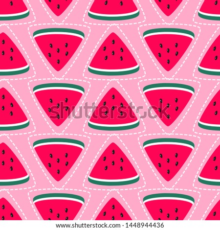 Seamless pattern of sliced watermelon and seeds on pink background vector illustration.