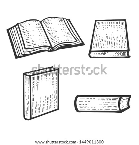 Open book set sketch engraving vector illustration. Scratch board style imitation. Black and white hand drawn image.