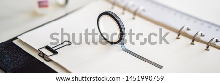 Notepad and stationery on white background. Planner for business and study. Fans of stationery BANNER, LONG FORMAT