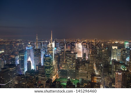 New York. Wonderful night view of Manhattan Skyscrapers and lights.