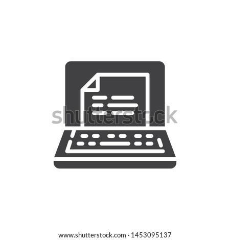 Laptop with text filevector icon. filled flat sign for mobile concept and web design. Online reading glyph icon. e learning symbol, logo illustration. Vector graphics
