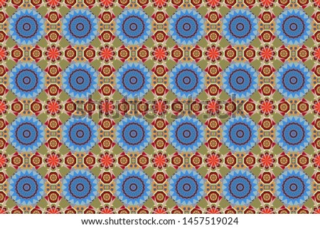 Mosaic background in red, green and blue colors. Raster abstract patch seamless pattern.