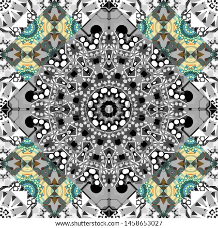 Kaleidoscopic seamless pattern in blue, green and gray colors. Vector illustration. It can be used in the design of textiles, in the printing industry.