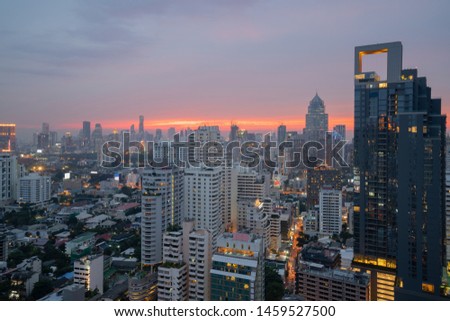 Bangkok Cityscape at dusk. Landscape of Bangkok business building at economic zone. Thailand aerial modern building in business district area at twilight.