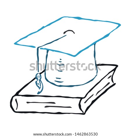 Square academic hat with a tassel on the book. Graduation. Vector illustration. Simple hand drawing icon.