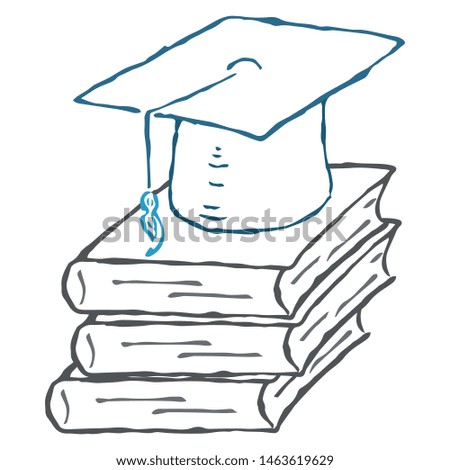 Square academic hat with a tassel on a stack of books. Graduation. Vector illustration. Simple hand drawing icon.