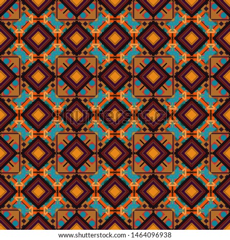 Vector seamless pattern. Seamless geometric pattern. Colorful texture. Abstract geometric pattern. Black, brown and blue background. Geometric background with rhombus, dots and nodes.