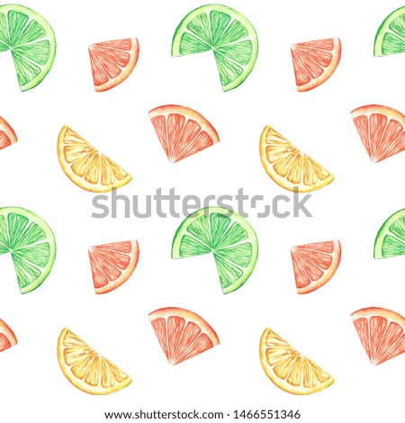 Seamless pattern of lemon, lime and orange slices. Watercolor handmade texture.