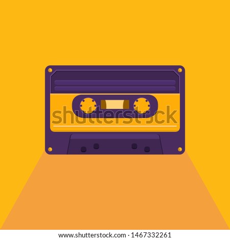 Illustration of a vintage audio cassette. Music of the 80s and 90s. Poster retro party, nostalgia. Vector background for invitation, card, ticket, banner, label, tag, cover, album. Flat style