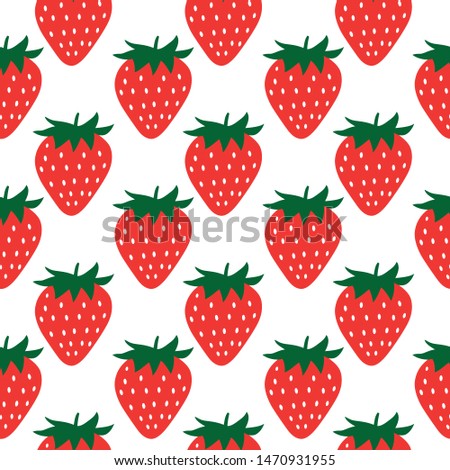Stawberry red summer fruit, white background. Vector seamless pattern. Vegetarian cafe print. Natural, organic dessert sweet, fresh berry. Graphic illustration