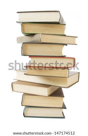 Big stack of old antique books isolated on white background