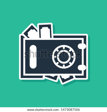 Blue Safe and money icon isolated on green background. The door safe a bank vault with a combination lock. Reliable Data Protection.   Vector Illustration