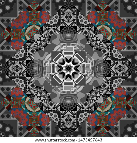 Ethnic print for fabric. Patchwork seamless pattern. Vector stylized abstract flowers and Mandalas. Indian, Arabic, Moroccan motives in gray, pink and blue colors.