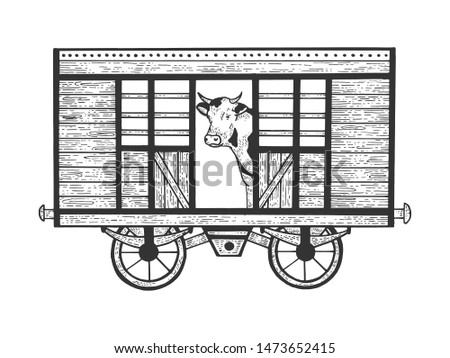 Cow in railway carriage train wagon sketch engraving raster illustration. Scratch board style imitation. Hand drawn image.