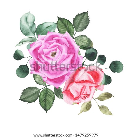 Watercolor bouquet arrangement with purple red roses bud flower green leaves plant herb spring flora isolated on white background. Botanical decorative illustration for wedding invitation card