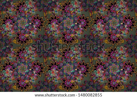 Can be used for wallpaper, web page. Summer seamless pattern with stylized flowers. Raster ornate zentangle seamless texture, pattern with abstract floral mandalas on green, black and brown colors.