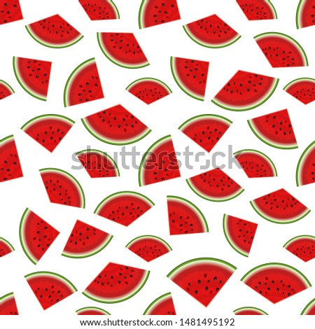 Summer seamless background on white. Realistic watermelon with slices. Cool party abstract. Summer vacation concept. Vector illustration