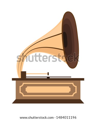 Antique gramophone flat vector illustration. Old fashioned analog audio appliance with horn. Vintage phonograph, sound device. Retro vinyl record player. Music recreation, entertainment symbol